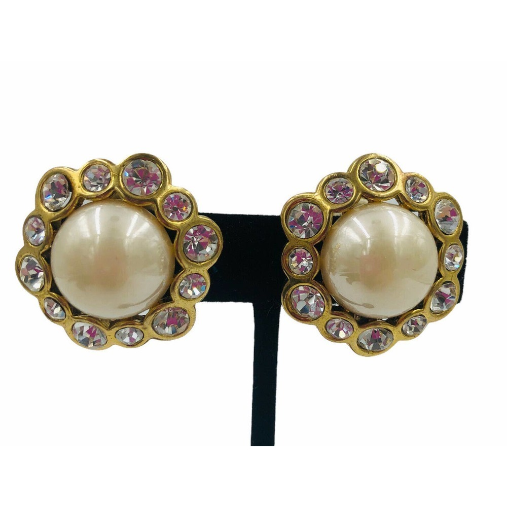 Gold Tone Crystal Cabochon Pearl Clip Earrings - Picture 4 of 10